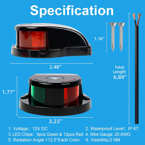 Obcursco Boat Navigation Lights LED IP67 Waterproof Red and Green Lights for Boats Marine Bow Stern