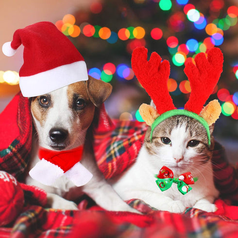 4 Pieces Cute Cat Dog Christmas Accessories, Santa Hat Scarf Bow Tie Collar Reindeer Antlers for Small Pets