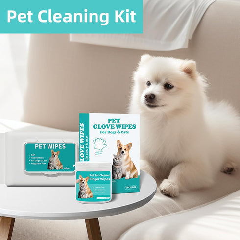 LEOARWE 3-in-1 Pet Wipes Kit for Dogs & Cats - Pet Cleaning Gloves, Ear Cleaner Finger Wipes & Body Wipes