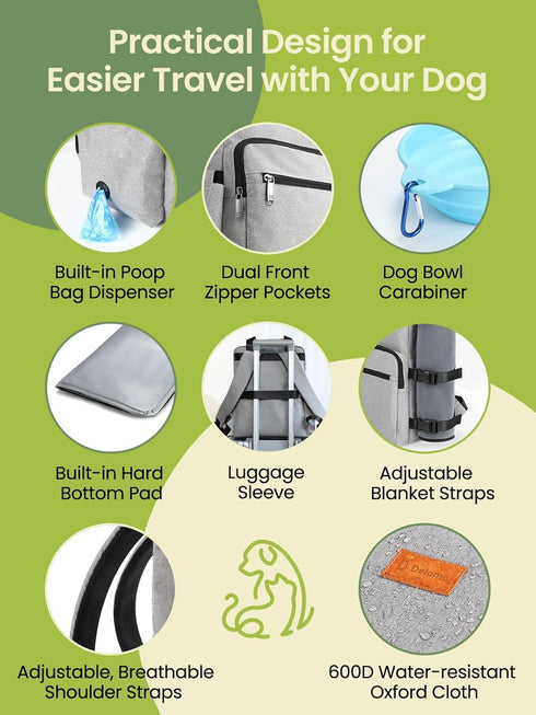 Set: 25L Backpack 2 2 1 Dog Travel Bag All-in-One DELOMO Airline Approved Dog Travel with Food Containers + Collapsible