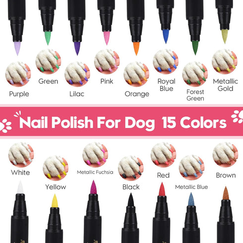 Dog Nail Polish Pens - Quick Dry, 15 Colors Pet Nail Polish Set for DIY Stylish Dog Nail Art - Non Toxic and Easy to Use