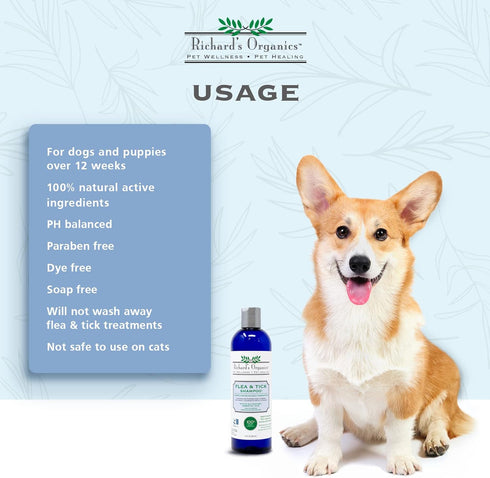 100% (12oz bottle),FG00440 Richards Organics Flea and Tick Shampoo for Dogs All-Natural Actives Kills Fleas, Ticks