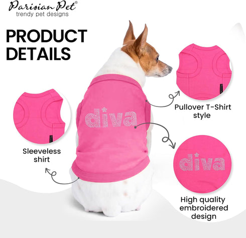 Parisian Pet Dog T-Shirt with 'Diva' Embroidery - Breathable Pink Sleeveless Vest for Large Dogs 3XL