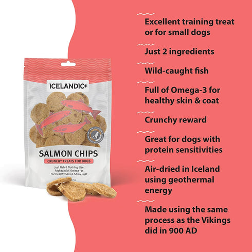 Icelandic+ Fish Chips: Salmon, 2.5oz, Dog Treats for Medium-Large Dogs, Natural 2 Ingredient Air-Dried Treats