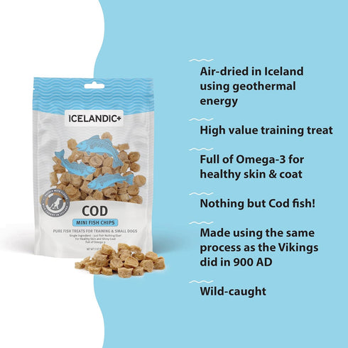 Icelandic+ Mini Fish Chips: Cod - 2.5oz Bag, Wild-Caught & Air-Dried Dog Treats, Crunchy Pet Snacks
