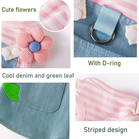 ANIAC Denim Small Puppy Dress - 3D Flowers Girl Dog Clothes with D-Ring, Striped Harness (X-Small, Pink)