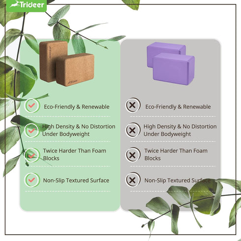 Trideer Cork Yoga Blocks - 2 Pack Natural High Density Yoga Block with Non Slip Surface for Yoga, Pilates, Stretching