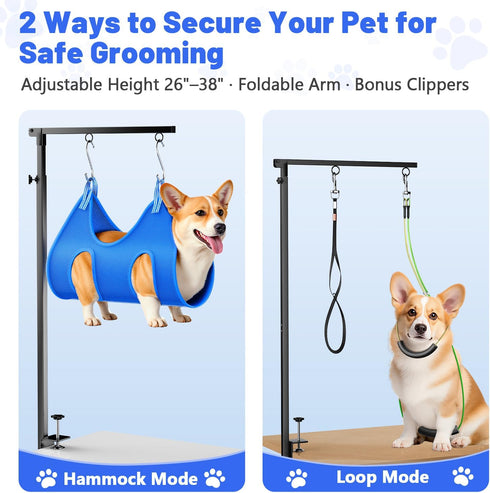 Hammock, 26"-38" 2 Dog Grooming Arm with Adjustable Foldable Grooming Table Arm with Clamp & No-Sit Holders, Heavy Duty