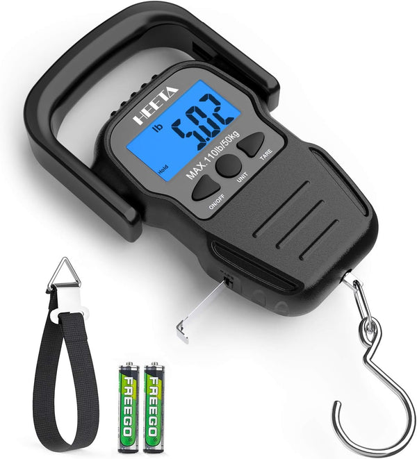 HEETA Fish Scale with Backlit LCD Display, Digital Portable Hanging Weight Scale 110lb/50kg with Hook