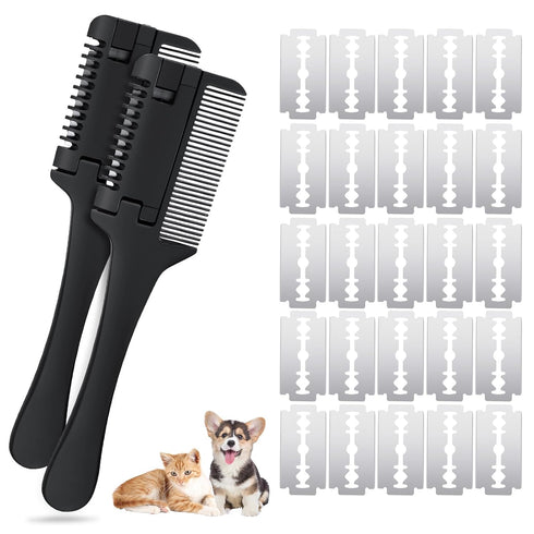 2 Pcs Pet Razor Comb for Dogs Cats with 20 Extra Blades, 2 in 1 Trimming & Grooming Hair Cutter Comb