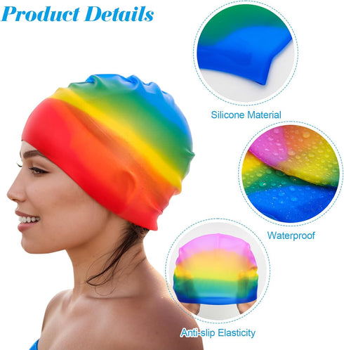 Fumwase 6PCS Silicone Swim Caps, Unisex Adult Waterproof Swimming Hat for Long Hair