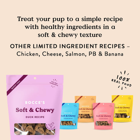 Bocce’s Bakery Oven Baked Duck Recipe Treats for Dogs, Wheat-Free, 6 oz