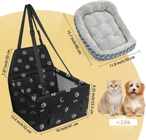 PetsHome Foldable Dog Car Seat with Removable Thick Mat, Waterproof Oxford Travel Bag for Small to Medium Dogs,