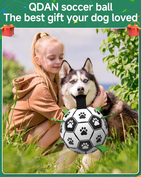 QDAN Dog Toys Soccer Ball with Straps - 10 Inch Durable Herding Ball for Extra Large Dogs, Outdoor Water Toy, Birthday