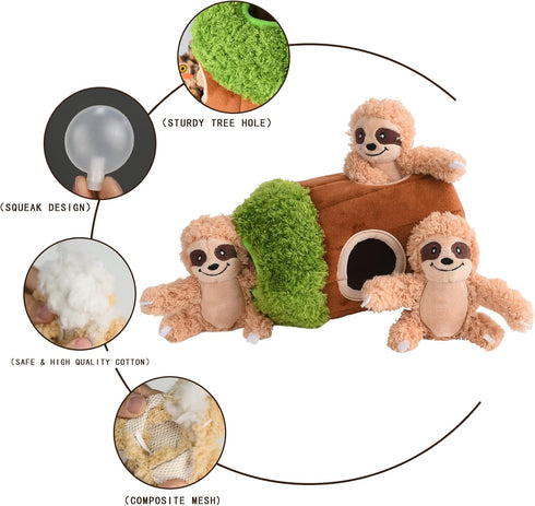Interactive Squeaky Dog Toys - Plush Sloth Toy, Stuffing Woodland Friends Burrow for Small Medium Large Dogs