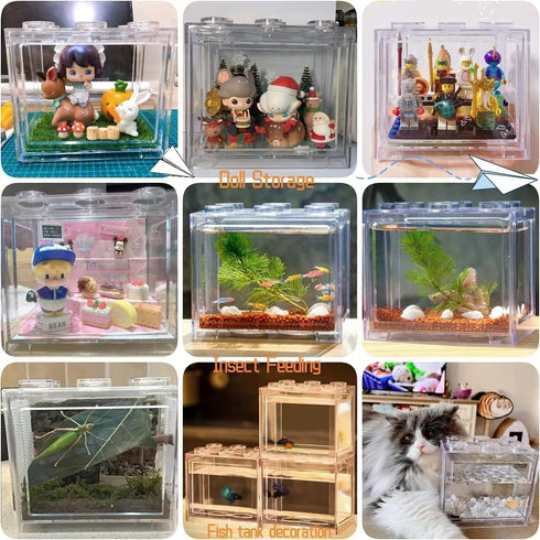 Stackable Mini Fish Tank Aquarium Kit, 3/5 Gallon Rectangular Fish Bowl with Gravel Decoration