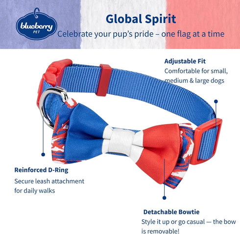 Blueberry Pet Adjustable Bowtie Dog Collar, Patriotic Spirits France Flag, Handmade Jacquard Weave Fabric, Small