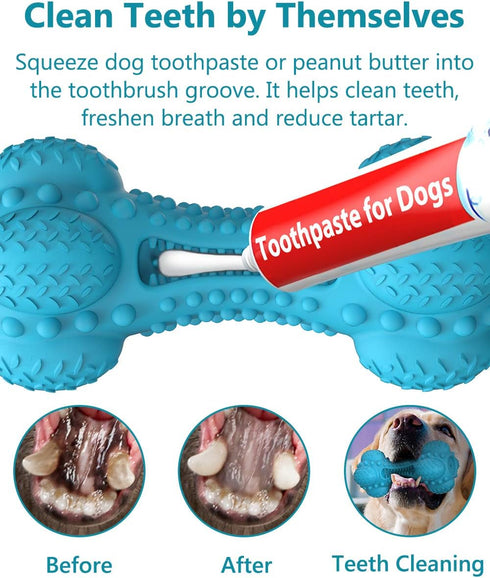 SCHITEC Squeaky Dog Chew Toy, Tough Durable Natural Rubber Bone with Toothbrush, Indestructible for Aggressive Chewers