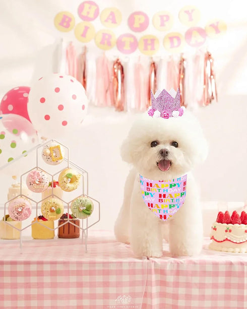 PET SHOW Pink Floral Hat, Bandana & Collar Bows Set - Adjustable Birthday Gift for Dog, Cat, Rabbit