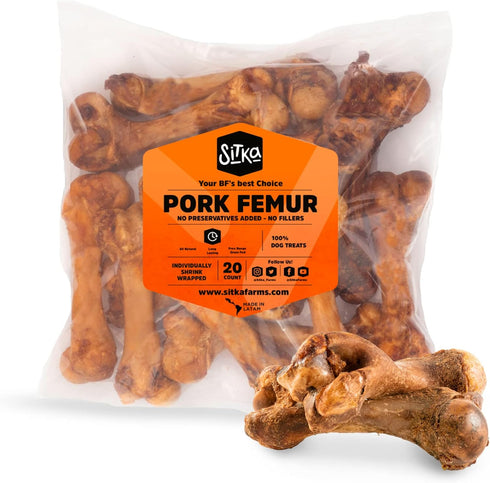Sitka Farms Dog Bones Pork Femur - 20 Count, Healthy 100% Natural Premium Treats for Medium and Large Breeds
