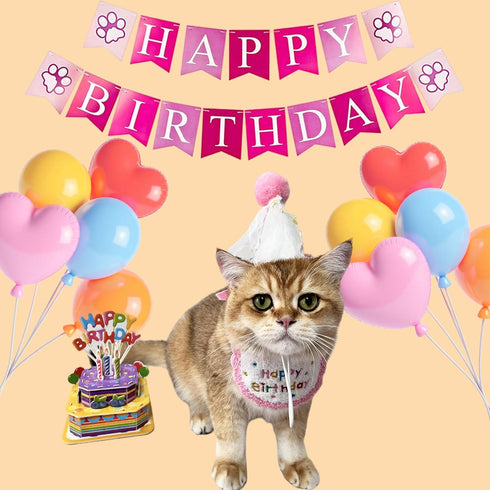 KOOBURS Set Cute Pet Birthday Costume Bandana Scarf Bib and Hat for Cat Small Dog, Cat Birthday Decorations Outfits