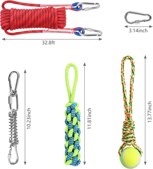 Spring Pole Dog Rope Toy - 16.8 ft Rope & Spring Pole Kit with 2 Chew Rope Toys for Medium Large Dogs