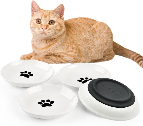 BNOSDM 4 Pcs Cat Food Bowls, Ceramic Shallow Dishes with Non-Slip Silicone Bottom for Indoor Cats and Dogs