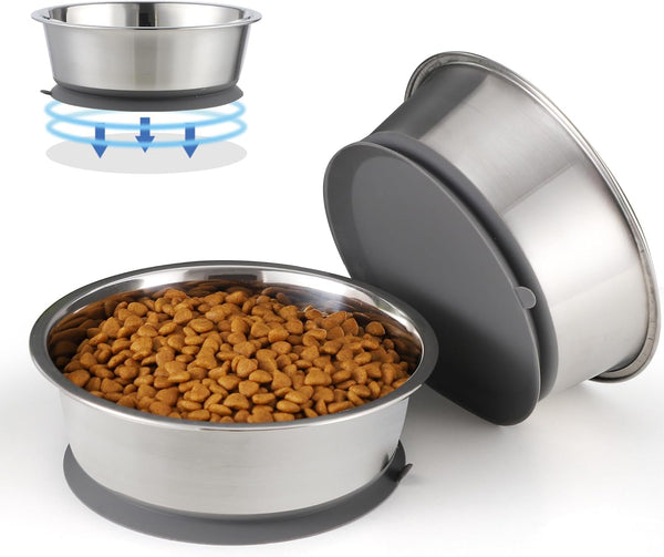 Stainless Steel Dog Bowl Set of 2, Metal Bowls with Suction Base, Rubber Bottom & Easy Clean (Gray, 2 Pack)