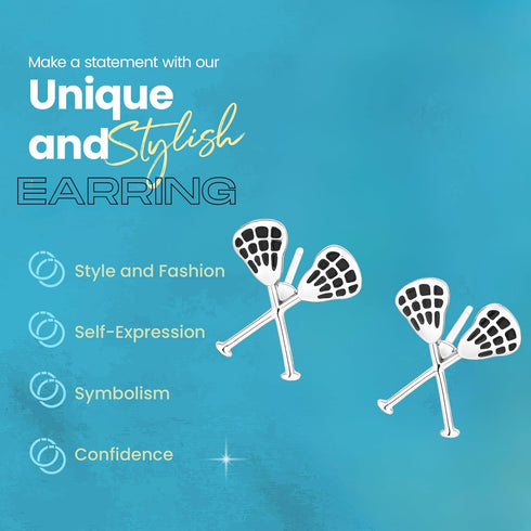 Silver Plated Lacrosse Stick Stud Earrings – Lightweight Hypoallergenic Sports Jewelry for Women, 1/2 Inch
