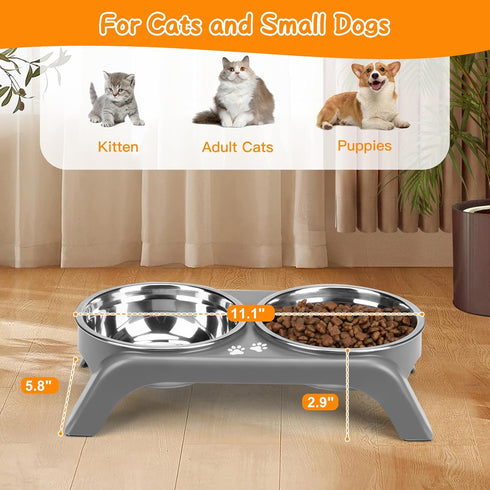 Elevated Cat Bowls - Anti-Vomiting Raised Stand with 2 Thick Stainless Steel Bowls, Grey