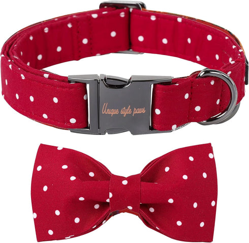 Unique Style Paws Cotton Dog Collar with Bow, Red White Round Dot for Small Medium Large Boys Girls