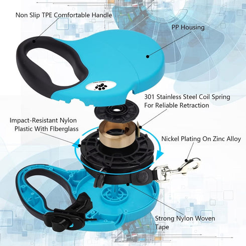 13 ft Retractable Dog Leash for Large Dogs up to 26 lbs, Tangle-Free Nylon Tape, Blue Dan S
