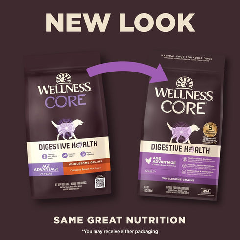 Wellness CORE Digestive Health Dry Senior Food with Wholesome Grains, Advanced Age for Dogs Over 7-Years Old, for Dogs with Sensitive Stomachs, Made in USA with Real Chicken (Senior, 4 Pound Bag)