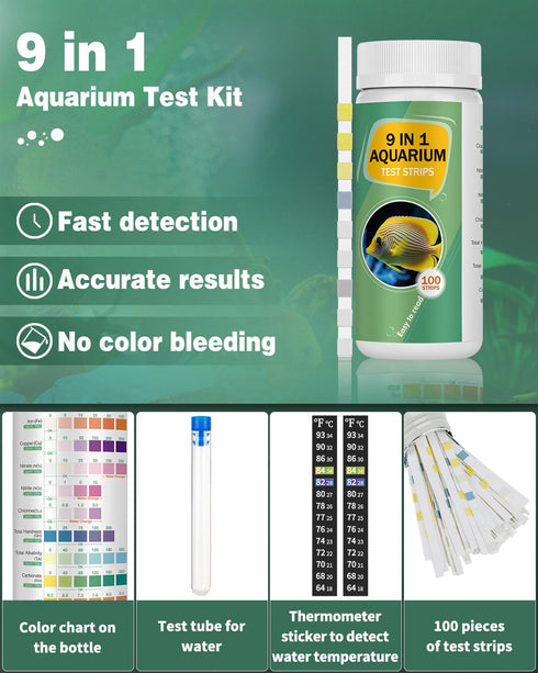Pawfly 9 in 1 Aquarium Test Kit, Fish Tank Test Strips for pH, Chlorine, Nitrate, Nitrite, and More.