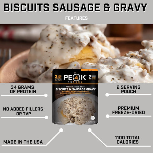 Peak Refuel Biscuits and Gravy, Premium Freeze Dried Camping Food, 2 Serving Pouch, Just Add Water, 34g Protein, Real