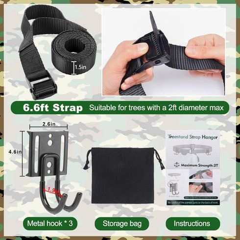 PAMASE Tree Stand Gear Hangers with 3 Metal Hooks, Thick Strap Bow Hanger for Hunting Equipment