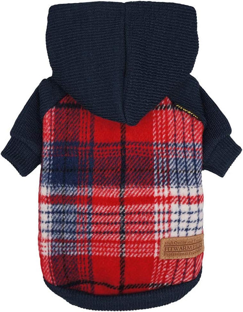 Fitwarm Tartan Plaid Dog Hoodie, Knitted Sweater for Small Dogs, Cat Fleece Lined Winter Outfit, Red & Navy Blue