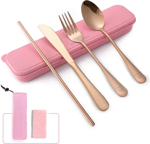 Travel Utensils Set with Case | Portable Silverware Set | Reusable Stainless Steel Flatware | Includes