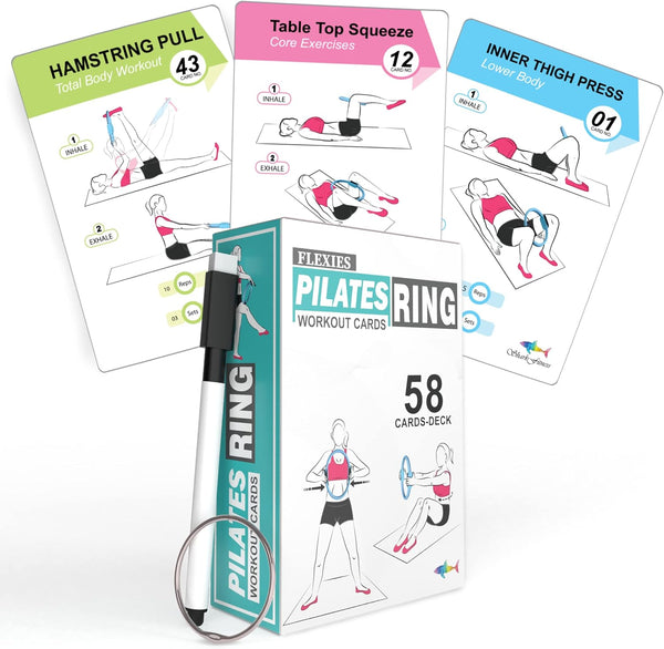Pilates Ring Workout Cards, 58 Exercise Ring Cards with Instructions & Tips, Free Dry-Erase Marker