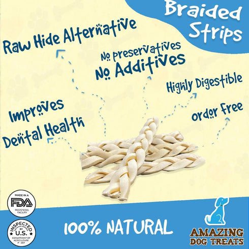 Amazing Dog Treats, Beef Cheek Braids Dog Chew, 6 Inch, 15 Pack, Rawhide Alternative, No Dyes or Chemicals