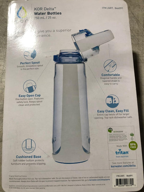 KOR Delta 2 PACK BPA Free Water Bottle, 750ml, Black/Blue