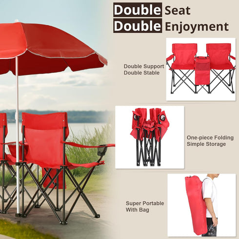 Volowoo Portable Double Folding Picnic Chairs,Double Folding Beach Chairs,Beach Camping Chair W/Umbrella Mini Table