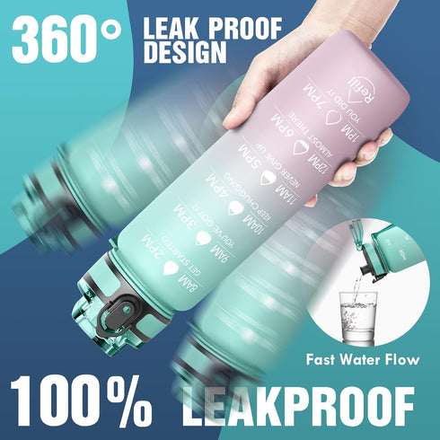 OLDLEY Water Bottles, 32oz - Motivational Sports Water Bottle with Time Marker, Tritan, BPA Free, Wide Mouth, Bubble Gum