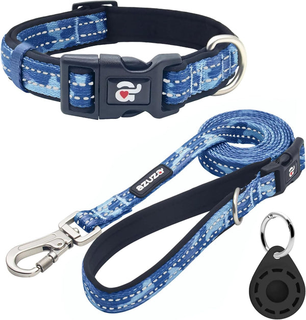 azuza Reflective Dog Collar and Leash Set, Blue Camo Padded Collar with Matching Clip Handle Leash for Small Dogs