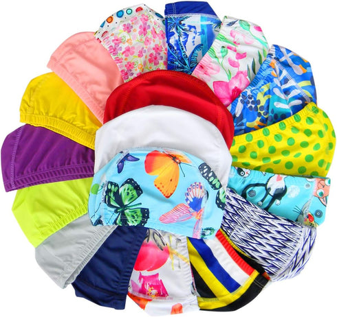 Quality Yes 3Pack Pure Colorful Polyester Cloth Fabric Bathing Caps - Swimming Hats for Water Sports (2 Pure + 1