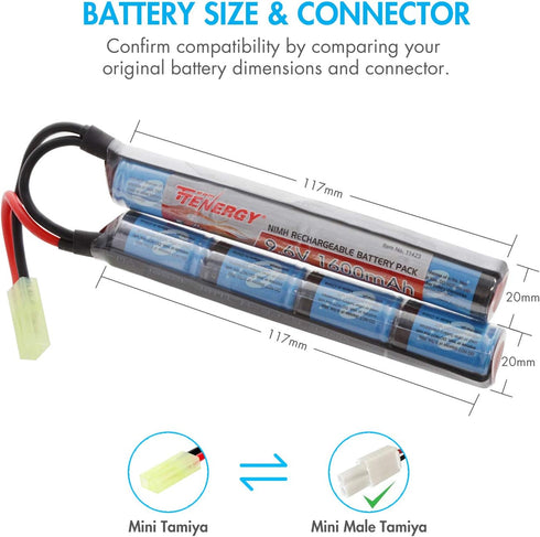 Tenergy 2 Pack 9.6V NiMH 1600mAh Rechargeable Butterfly Battery Pack with Mini Tamiya Connector for Airsoft AEG