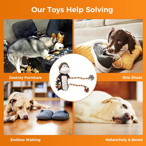 Squeaky Durable Dog Toy for Large Breeds, Tug of War Interactive Toy, Stuffed Plush Monkey with Crinkle Paper