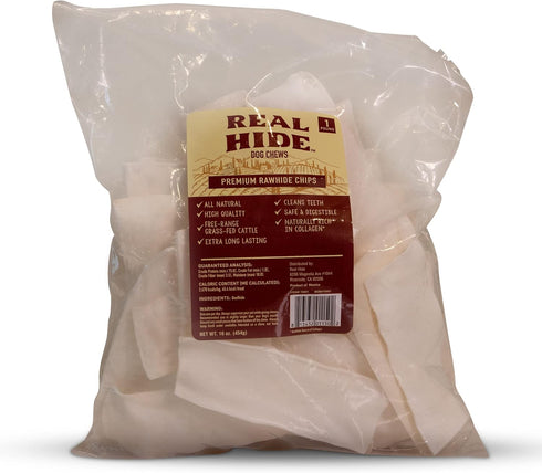 All Natural Dog Chew Treats, Premium Rawhide Chips, 1 Pound, Long Lasting Grass Fed Beef Hide