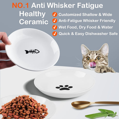 2024 NEW Anti Whisker Fatigue Cat Bowls Set, Healthy Ceramic Flat Cat Food Bowl for Indoor Cats