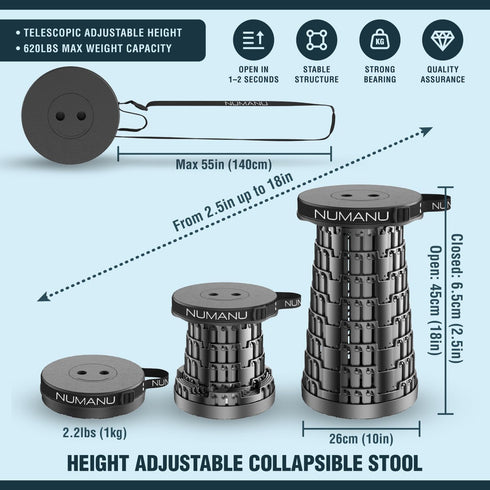 2026 620lbs 2.5"-18" (1x NUMANU Upgraded Collapsible Stool, Max H Adjustable Portable Folding Stool for Adults